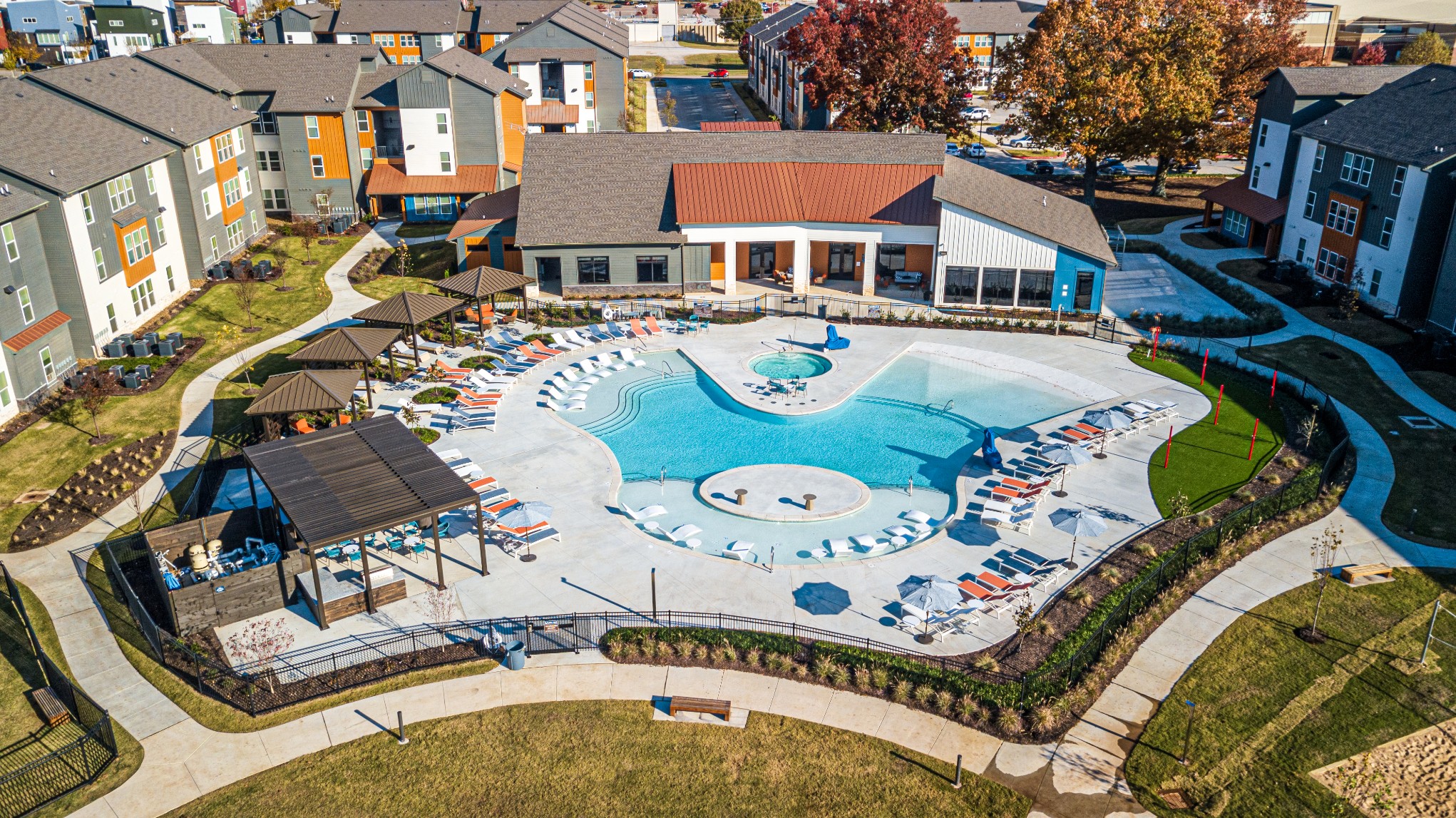 Aerial view of the swimming pool area at The Tusk