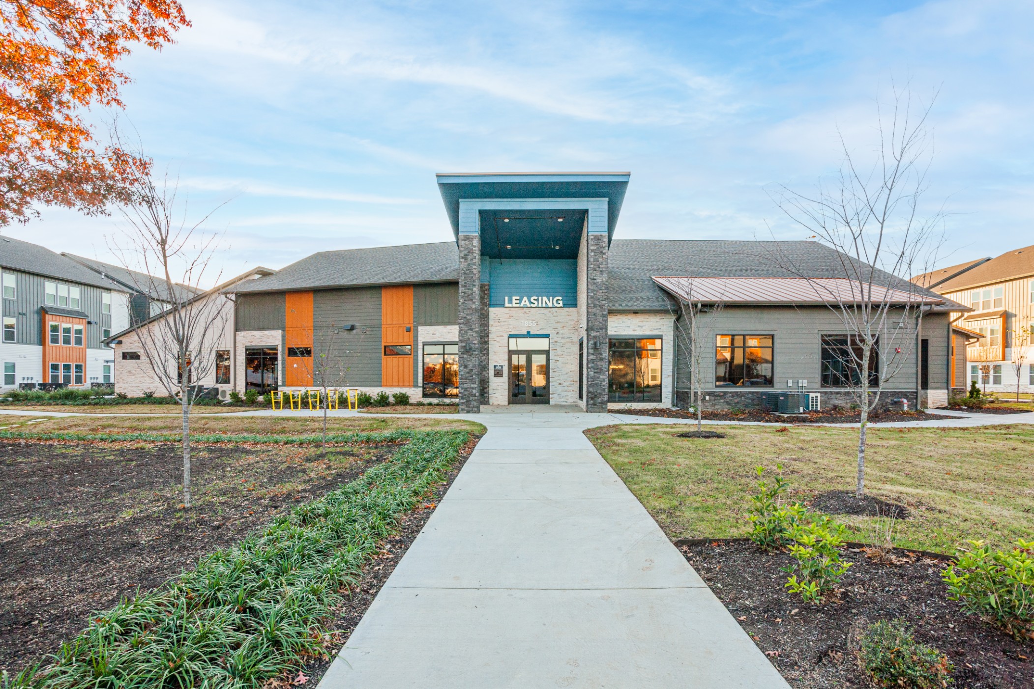 Exterior of the leasing center at The Tusk