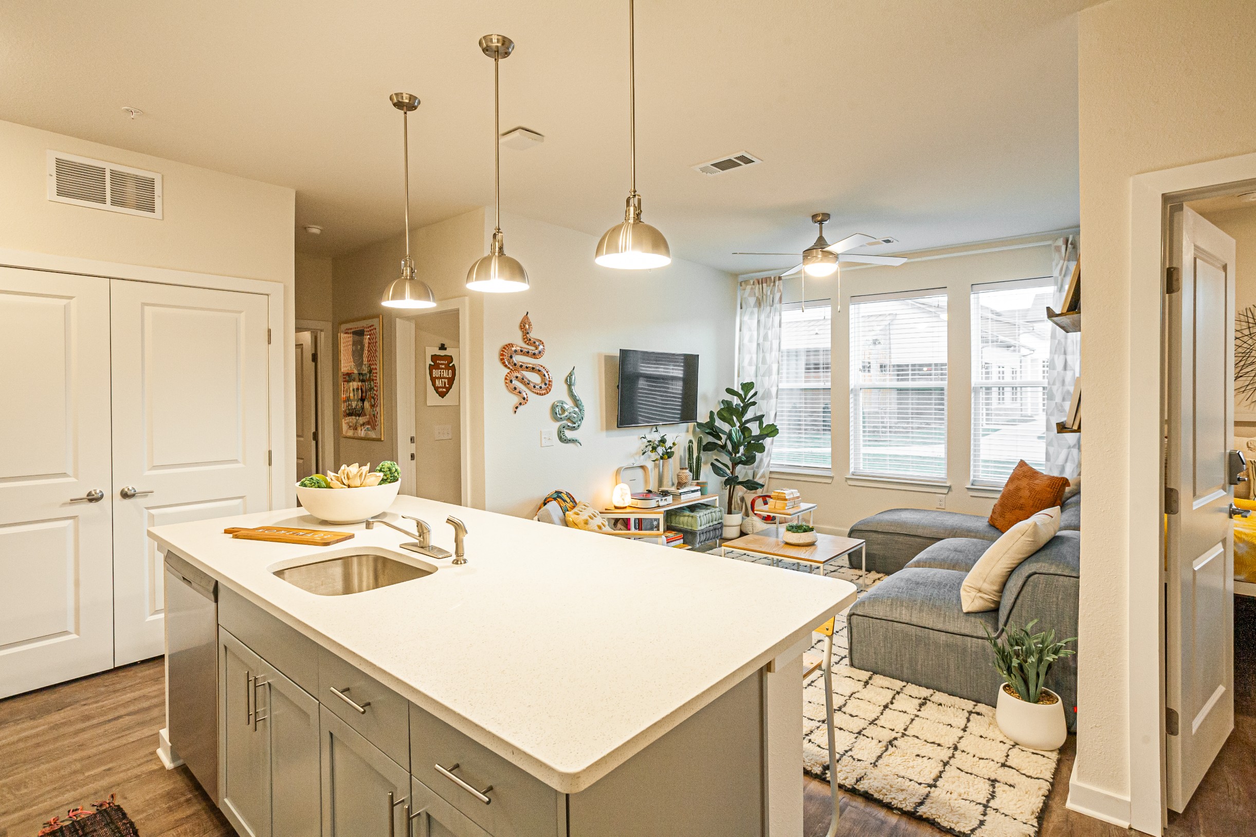 Large kitchen island with pendant lighting