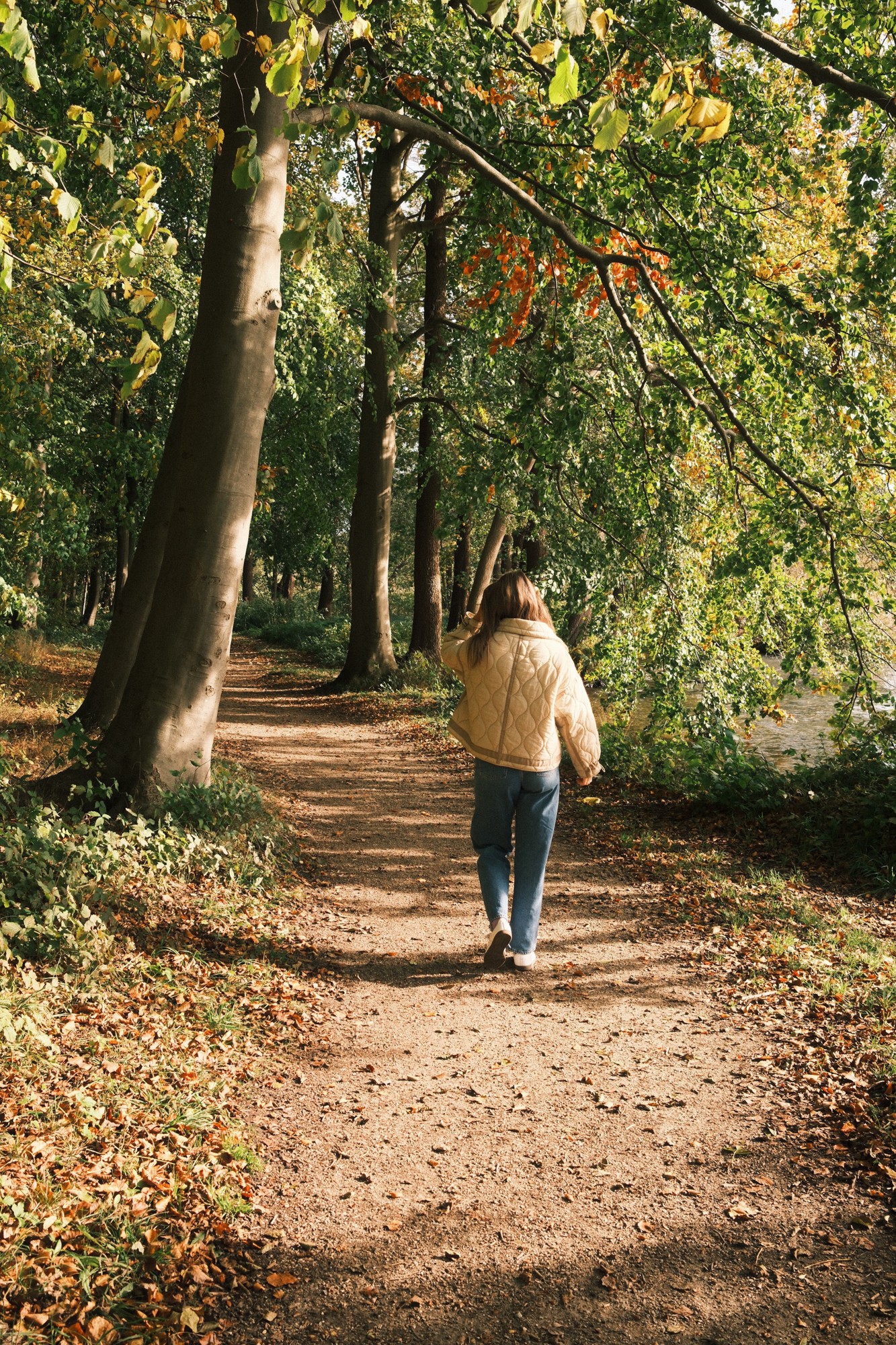 woman walking along wooded autumn path